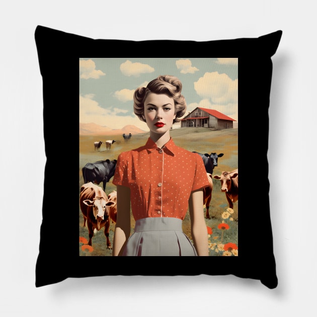 Vintage Farm Girl Pin Up Collage - Retro Chic Art Print Pillow by The Whimsical Homestead