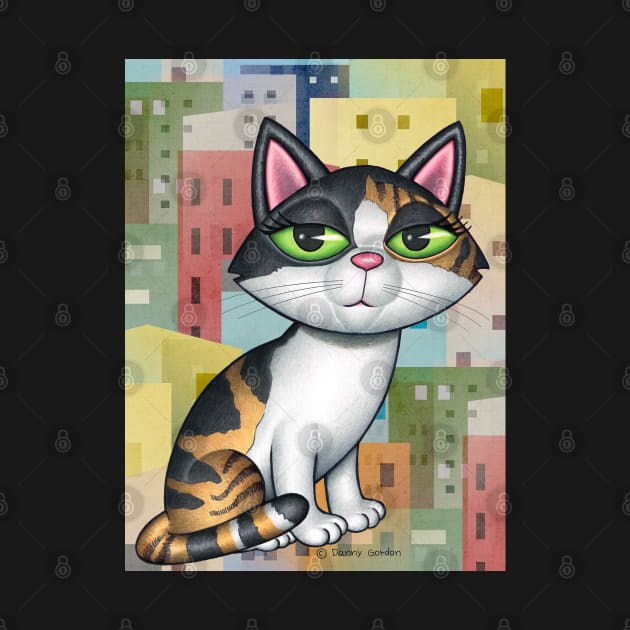 Cute calico kitty cat on cityscape with buildings by Danny Gordon Art