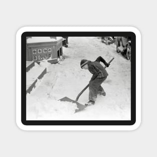 Boy Shovelling Snow, 1940. Vintage Photo Magnet