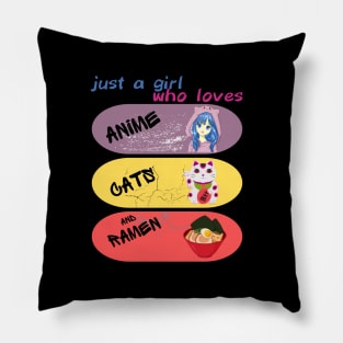 anime girl character, cats and ramen Pillow