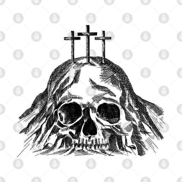 Mount Calvary near Jerusalem, in the shape of a skull, three crosses on top by Reformer