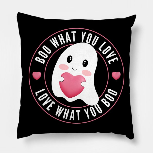 Boo What You Love | Cute Funny Ghost Halloween Motivational Quote Pillow by Auraya Studio