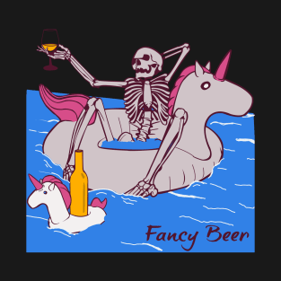 Funny Skeleton Sitting On A Unicorn In A Pool Drinking Fancy Beer T-Shirt