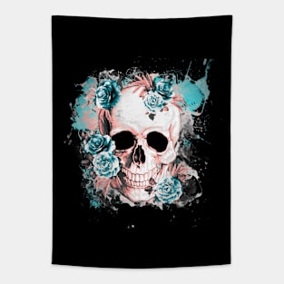 Floral Skull with turquese roses and leaves watercolor Tapestry