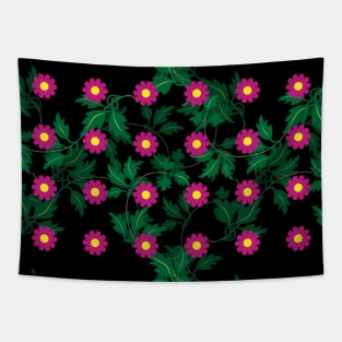 Cerise daisies with Yellow centres over layers of vine leaves on a Black background Tapestry