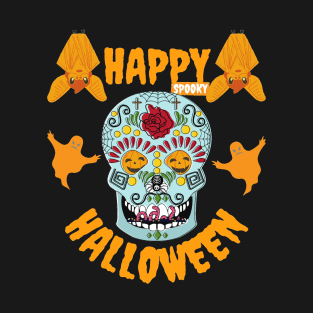 Happy Spooky Halloween Pumpkin Eyes Skeleton Bats & Ghosts T-Shirt