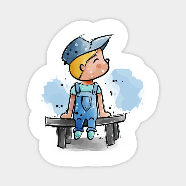 Cute little cartoon boy sitting on a bench Magnet by Sissely