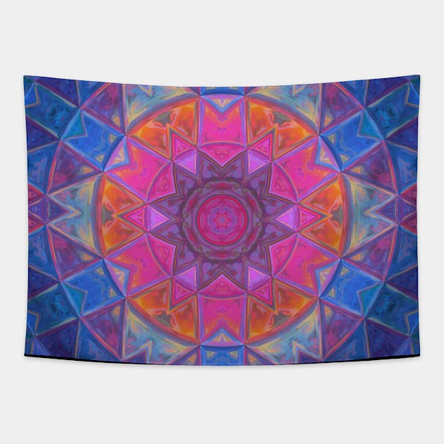 Mosaic Kaleidoscope Flower Pink Blue and Yellow Tapestry by WormholeOrbital