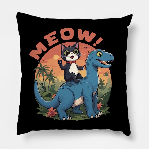 Tuxedo Cat on a Dinosaur Funny Gift Pillow by GrafiqueDynasty