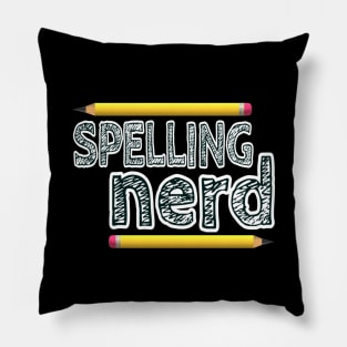 Spelling Nerd. Fun design made for people who love proper English spelling and proudly identify as nerds or members of the spelling police.  Black and white letters and yellow pencils. (Black Background) Pillow