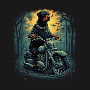 A stoic Rottweiler Dog, perched atop a sleek motorcycle T-Shirt