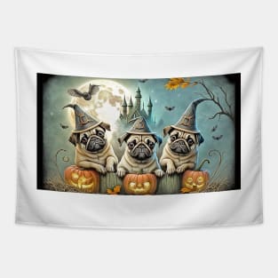 Pug Dogs Halloween Wizards & Witches Tapestry