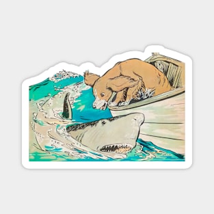 dog from a boat barks at shark vintage retro Magnet