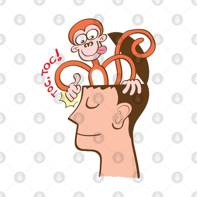 Let's meditate. Mad monkey knocking on the forehead of a man in meditation by zooco