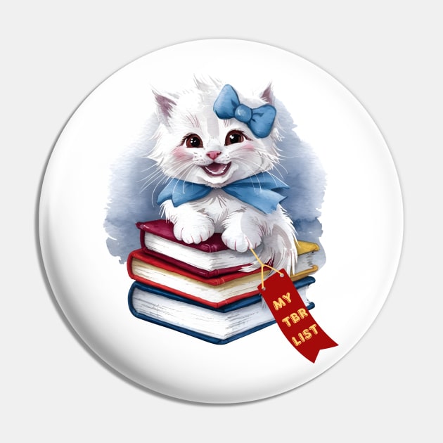 My TBR List Funny Sky Blue Book Stack Cute Coquette Kitten wearing Blue Bow and Ribbon with Red Bookmark for Book Lovers, Book Readers and White Cat Lovers Pin by Motistry