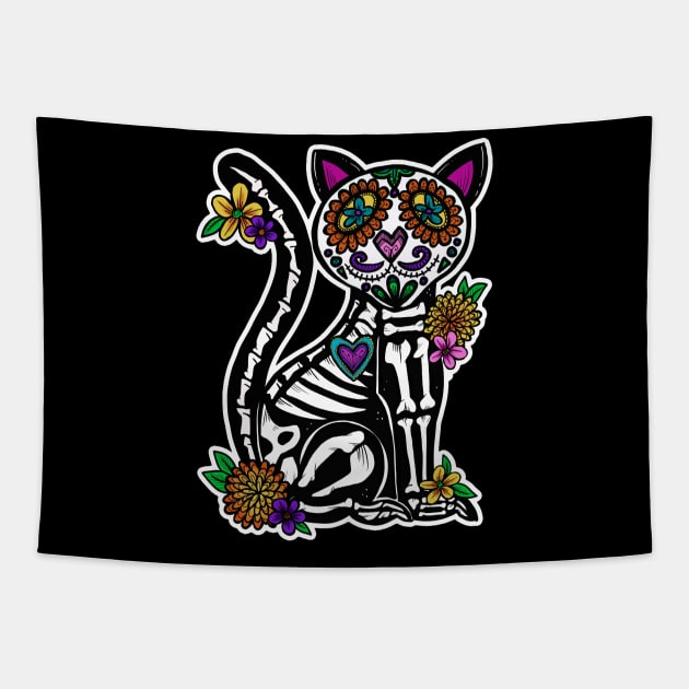 Dia de Los Muertos Gato Day of the Dead Sugar Skull Cat Tapestry by Artful Starfish