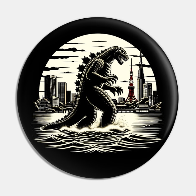 Vintage Godzilla Awakens: The Ultimate Sci-Fi Gift Pin by Klimek Prints