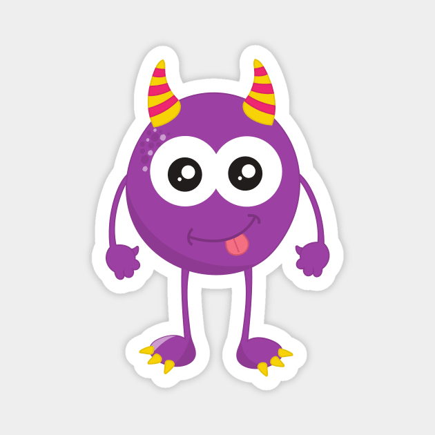 Cute Monster, Purple Monster, Funny Monster, Horns Magnet by Jelena Dunčević