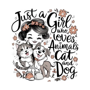 Whimsical Girl with Cat and Dog: Just a Girl who loves Animals T-Shirt