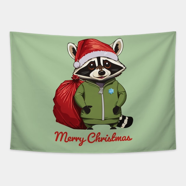 Merry Christmas - Raccoon, AKA a Trash Panda, Dressed as Santa Claus Tapestry by RS