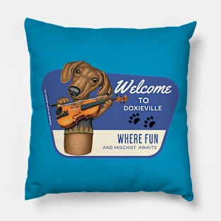 Cute Doxie Dog playing violin in Doxieville, USA Pillow