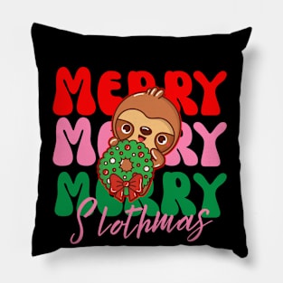 Merry, Merry, Merry Slothmas sloth with wreath Pillow