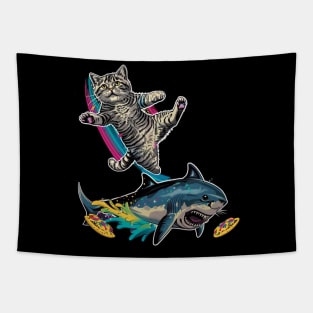 Cat Riding Shark Underwater Adventure Tapestry