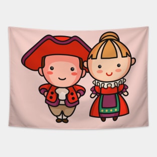 Cute British Victorian Era Couple in Traditional Clothing Cartoon Tapestry