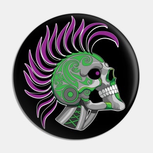 Tattooed Robot Skull with Purple Mohawk Pin