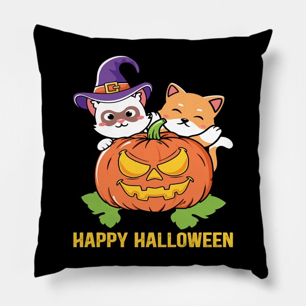 Funny Cat Halloween Pumpkin Pillow by frondorfelda