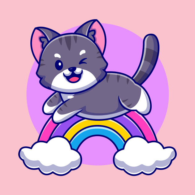 Cute Cat Jumping With Rainbow And Cloud Cartoon by Catalyst Labs