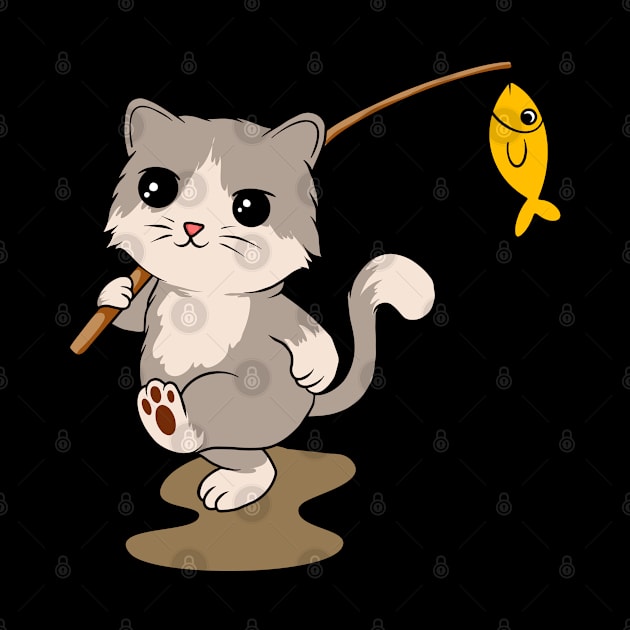 Feline Fisher: Cat with Fishing Rod and a Catch - Adventurous Tee for Cat Lovers by Hashed Art