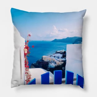 Santorini, Greece - retro travel poster Pillow