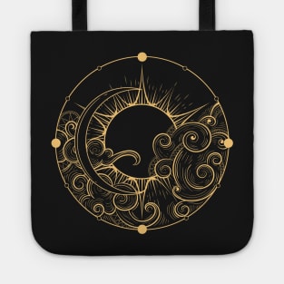 Hand Drawn Golden Sun and Moon with Cloud Esoteric Symbol. Tote