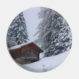 Snowy Landscape with Cabin Pin