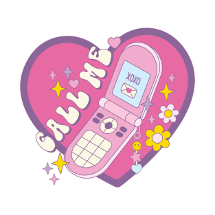 Call Me - Retro Phone with Hearts, Flowers and Stars T-Shirt