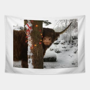 Scottish Highland Cattle Cow and Christmas Lights 2201 Tapestry