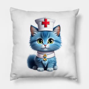 Whisker Wellness Wardrobe: Adorable Blue Kitten Nurse on Duty Pillow