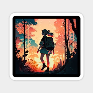 Girl trekking in the woods with a beautiful sunset effect. Magnet