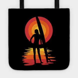 Surfer girl silhouette in front of sunset Tote