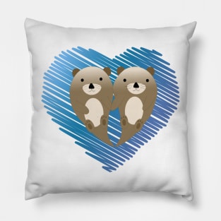 Cute Otter Couple and Blue Scribble Heart Background Pillow