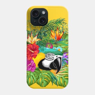 Blue Macaw Parrot Floral Portrait coming out of Exotic Jungle Phone Case