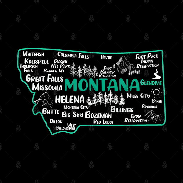 Cute map of Glendive Montana, Helena, Missoula, Great Falls, Bozemian, Billings, Kalispell, Big Sky by BoogieCreates