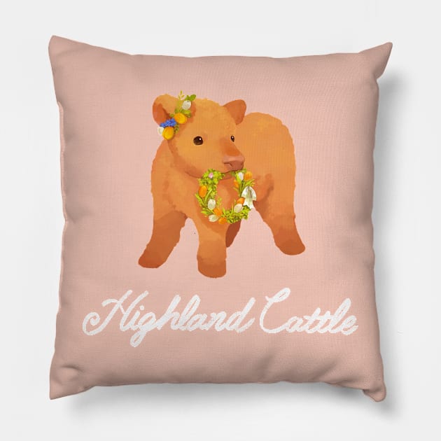 Adorable Highland Cattle with a Flower Wreath Pillow by You Miichi