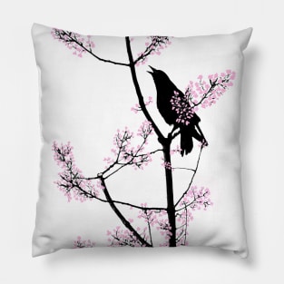 Cherry Blossom Raven - Bird on a Tree Branch Pillow