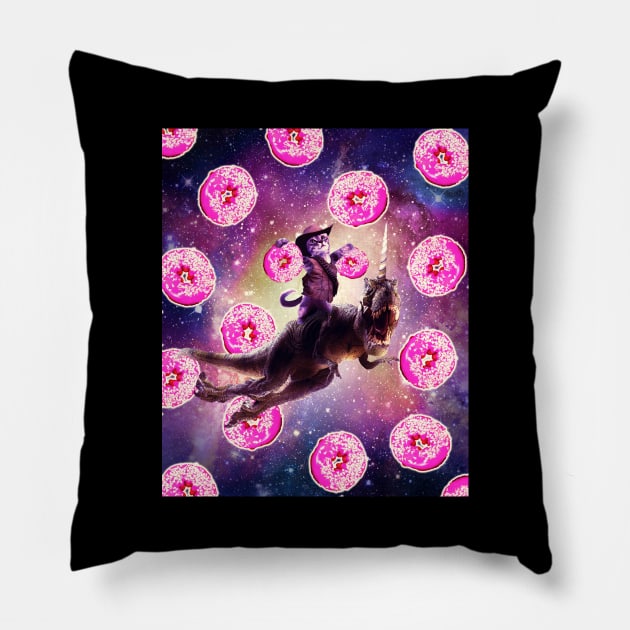 Cowboy Space Cat On Dinosaur Unicorn - Donut Pillow by Random Galaxy