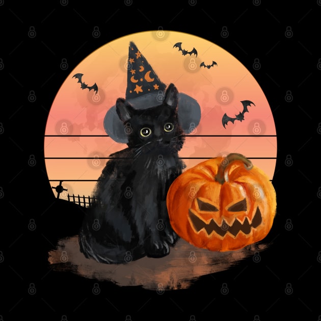 Black Cat With Pumpkin Moon and Bats Halloween Watercolor Painting by starryskin