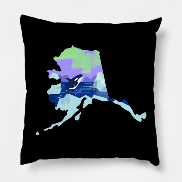 Alaska USA illustration featuring a whale and icebergs Pillow by keeplooping