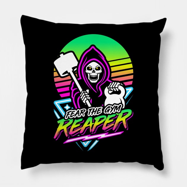 Fear The Gym Reaper Fitness Retro Neon Synthwave 80s 90s Pillow by brogressproject