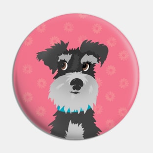 Salt and Pepper Miniature Schnauzer Dog with Pink Daisies Pin